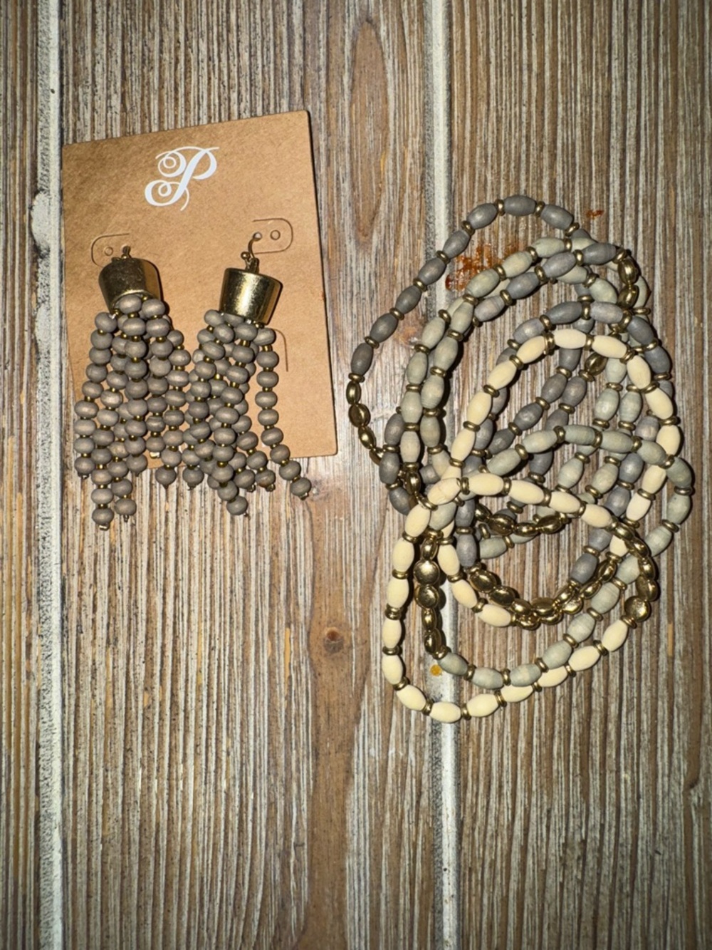 2Fer Set of Beaded Tassel Earrings and Bracelets- dark taupe  and Gold - Picture 4 of 6